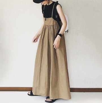 春夏新款拼接高腰皺褶吊帶裙