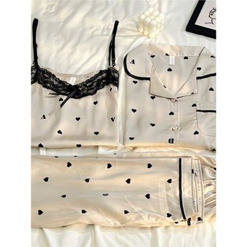 2024年新款愛心睡衣女春秋季冰絲長袖三件套裝帶胸墊吊帶家居服夏