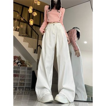 白色褶皺垂感闊腿牛仔褲女秋季新款高腰寬松2025顯瘦直筒拖地長褲