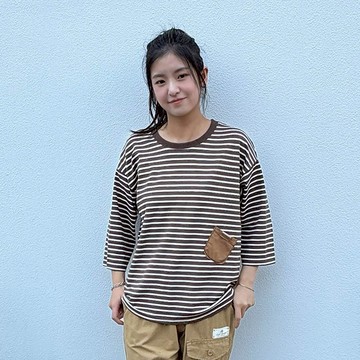 花木馬日系女裝圓領條紋七分袖上衣