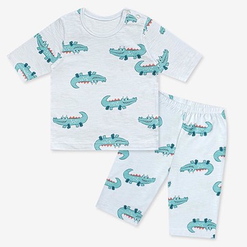 韓國 Mellisse - 韓製莫代爾透氣7分袖家居服-小鱷魚-淺藍