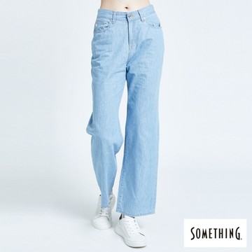 SOMETHING 女裝 涼爽寬鬆直筒褲-漂淺藍