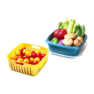 北歐簡約時尚 保鮮雙層雙色瀝水籃 - 多功能廚房瀝水保鮮籃 帶蓋保鮮  22 x 22 x 11cm  黃色  1個