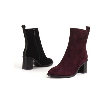 羊皮shellys 紫紅色2024秋冬中筒靴女磨砂皮中跟粗跟瘦瘦靴絨面女