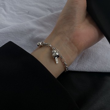 純銀復古招財貓手鏈女做舊鏈條轉運珠吊墜手飾泰銀朋克暗黑飾品潮