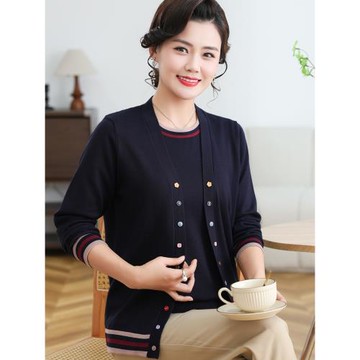媽媽春裝兩件套闊太太套裝春秋針織開衫中老年大碼女裝t恤上衣服