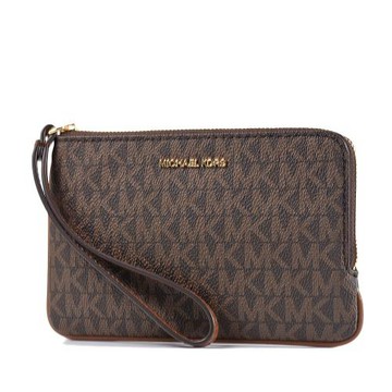 MICHAEL KORS 緹花LOGO防刮手掛L型拉鍊手拿包-咖啡色