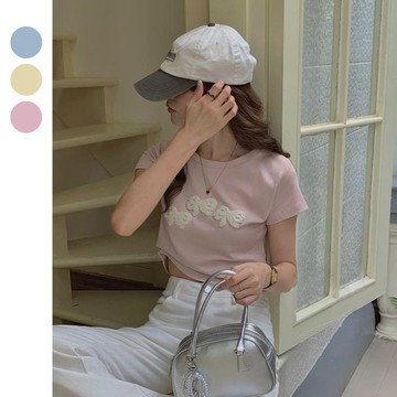 立體毛絨造型蝴蝶結短版上衣 彈力 蝴蝶結短袖 蝴蝶結短T 短袖上衣 T恤 棉T【N2CY2104】