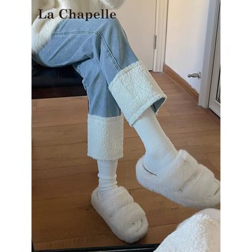 拉夏貝爾淺色直筒牛仔褲女2025新款夏季高腰小個子拼接法棍煙管褲