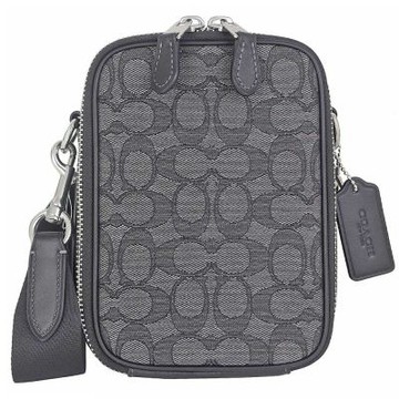 COACH 灰黑色緹花布皮邊雙拉小方形斜背包