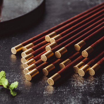 高檔紅檀實木福字筷子家用防滑10雙禮盒套裝家庭高端北歐輕奢宮廷