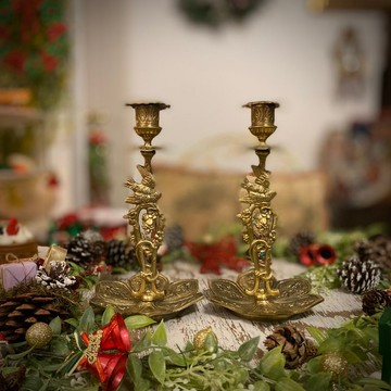法國 Art Deco餐桌黃銅花卉鳥飾 單孔燭台一對