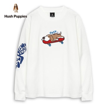 Hush Puppies T恤 男裝Q版滑板趴趴狗刺繡寬版長袖T恤