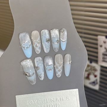 ✨Hannah✨純手工【冰晶雪花】秋冬氣質長款藍色雪花貓眼閃亮氛圍感穿戴甲精緻穿戴甲 UPBD