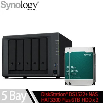 Synology群暉科技 DS1522+ NAS 搭 HAT3300 Plus系列 6TB NAS碟 x 2