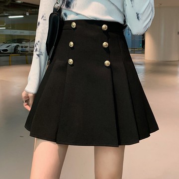 胖胖美依   短裙 A字裙 傘裙S-XL防走光褲裙新款高腰 雙排扣高腰顯瘦百褶學院風半身裙短裙G425-3061.