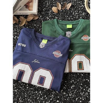 美式數字印花V領短袖t恤男夏季網眼運動球衣潮牌冰絲速干半袖上衣