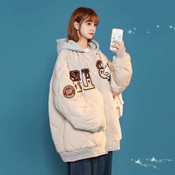 假兩件菱格美式羽絨服女冬季中長款設計感小眾加厚棒球服棉服潮牌