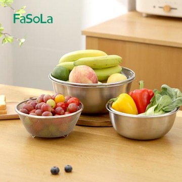 FaSoLa不銹鋼盆洗菜盆子瀝水籃廚房家用304食品級烘焙和面大號盆