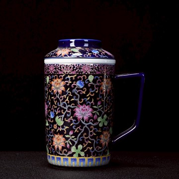 描金陶瓷馬克杯琺瑯彩辦公室水杯陶瓷杯男女家用帶蓋帶把過濾茶杯