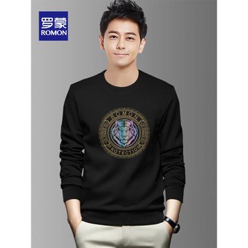 羅蒙時尚圓領衛衣男士青年秋冬季加絨無帽套頭上衣服寬松大碼外套