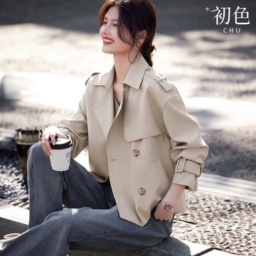 初色 韓版純色短版雙排釦風衣長袖外套女外套-共2色-38202(M-3XL可選)