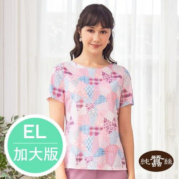 【岱妮蠶絲】透氣舒適休閒短袖女蠶絲鳳眼船領上衣-拼布藝術-粉 / EL加大尺碼(VWL3BA10)
