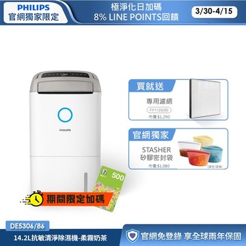 ★送2年份濾網+享節能補助$1200★飛利浦 14.2L抗敏清淨除濕機-柔霧奶茶(DE5306/86)-適用18坪
