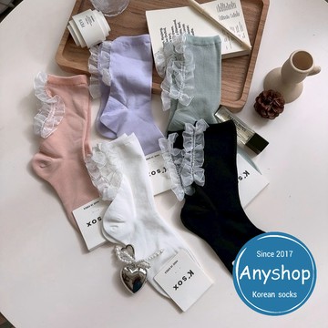 Anyshop韓國襪 蕾絲素色中筒襪 蕾絲 素色襪 蕾絲襪 女襪 女生襪子 韓襪 韓國襪 韓國襪子06902