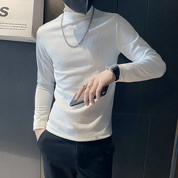 華夫格長袖T恤男士上衣春秋季潮流半高領打底衫修身純色秋衣