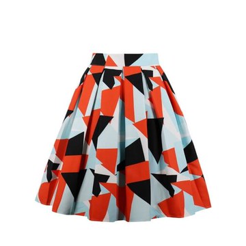歐洲春秋女幾何印花中長過膝蓬蓬半身裙A字百褶高腰赫本大擺傘裙
