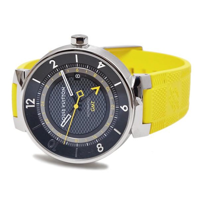 LOUIS VUITTONタンブール 時計 ベルト ブラック/イエロー ルイヴィトン LOUIS VUITTON タンブールムーン GMT ブラック