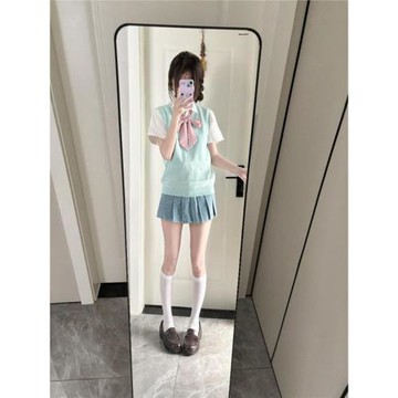 松藍jk制服裙日系水藍色校供感格裙半身裙漫感高腰百褶裙學院套裝