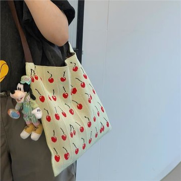 日系櫻桃刺繡針織包新款奶牛老虎花紋單肩包可折疊購物袋毛線包
