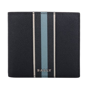 BALLY 金屬銀字藍槓防刮皮革8卡短夾(海軍藍)