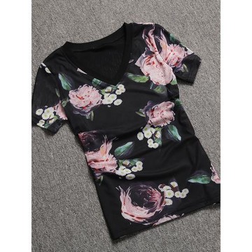 v領上衣女2025夏季新款黑色洋氣短袖網紗花T恤修身顯瘦半袖小衫