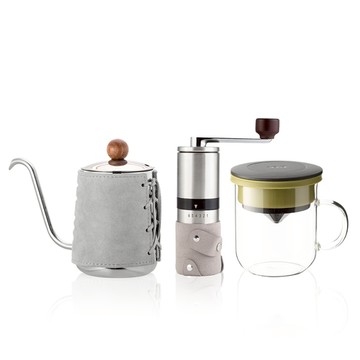 PO:Selected｜丹麥手沖咖啡三件組(咖啡壺-灰/玻璃杯350ml-黑綠/咖啡磨2.0)