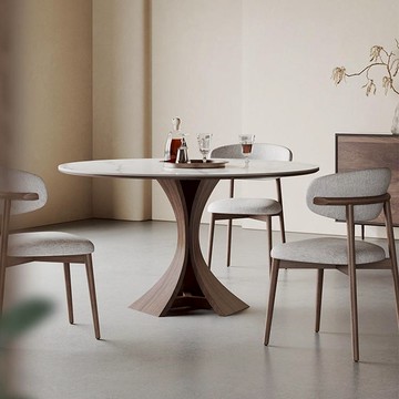 免運附發票 實木巖板餐桌 多人餐桌 胡桃色圓桌家用小戶型復古風白蠟木圓形飯桌法式圓餐桌椅 快速出貨