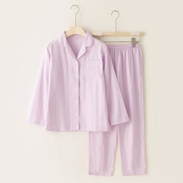 新款睡衣女春秋雙層純棉紗布韓版純色長袖長褲甜美全棉家居服夏季