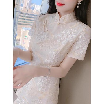 夏季蕾絲刺繡旗袍改良版連衣裙子2024年輕新款國風少女氣質小個子