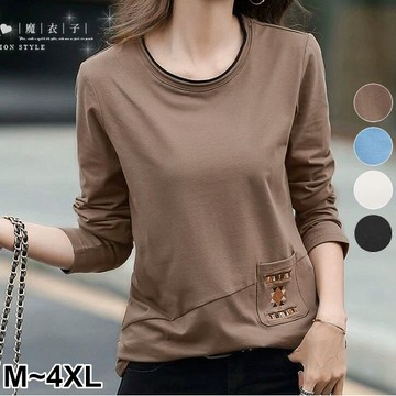 【QV3660】魔衣子-復古港味．時尚刺繡口袋撞色圓領長袖上衣