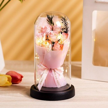 💖臺灣-出貨💖情人節禮物永生花乾花束玻璃罩玫瑰花香皂花發光生日禮物實用擺件05jk