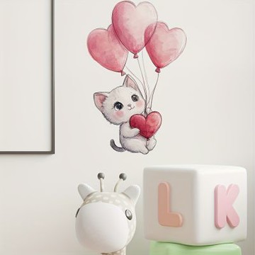 【MR.ZAKKA】創意萬用裝飾貼紙-動物主題 可愛粉色汽球小白貓 居家空間布置 DIY可移式壁貼 無痕壁貼 牆貼