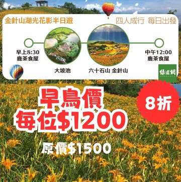 金針花湖光花影半日遊早鳥價$1200位(原價$1500)四人成行