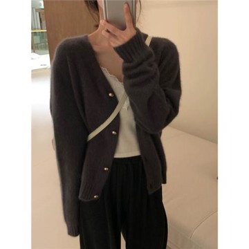 歐洲站金扣100純羊毛針織開衫女秋冬洋氣V領上衣百搭短款毛衣外套