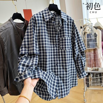 初色 港風復古拼接小格紋寬鬆翻領長袖襯衫上衣女上衣-藏藍色格紋-38516(M-2XL可選)