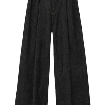 SUZU松本CL@NE腰間褶高腰顯瘦牛仔褲水洗復古闊腿直筒