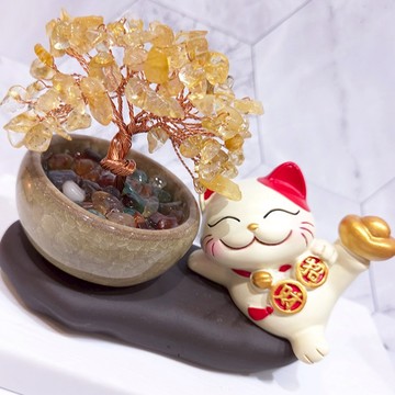 送禮物 現貨商品【焦糖小姐 Ms caramelo】紫砂底座水晶招財樹+招財貓【八方來財】可愛聚寶盆擺件 創意裝飾 禮物