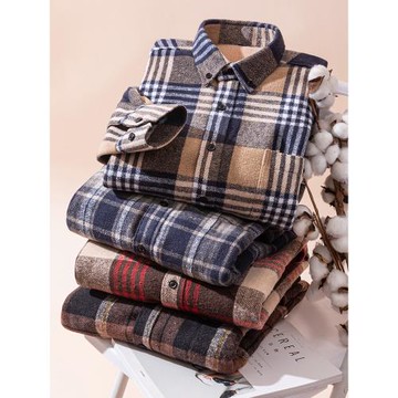 100%全棉格子保暖襯衫男加絨加厚純棉磨毛超厚絨襯衣中年爸爸大碼