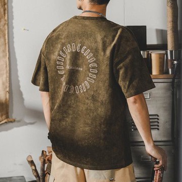 美式復古重磅t恤男短袖男士夏季寬松潮牌麂皮絨做舊垂感半袖體恤